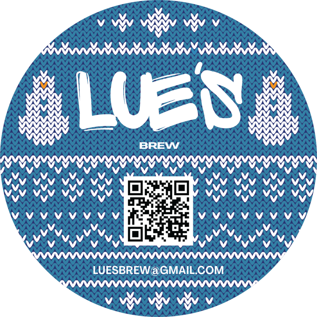 Blue sticker holiday label with sweater pattern containing snowmen and snowflakes.