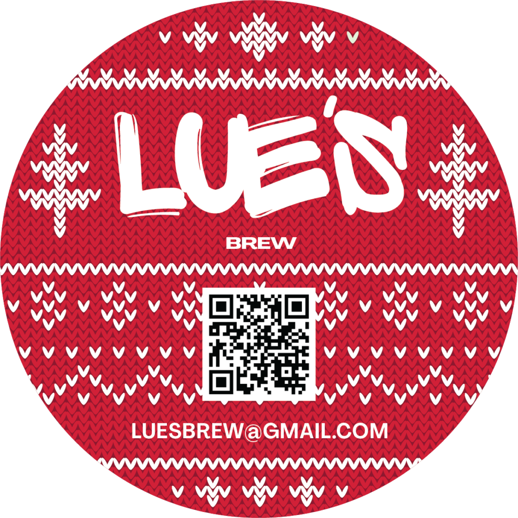 Red holiday sticker label containing a sweater pattern with christmas trees and snowflakes.